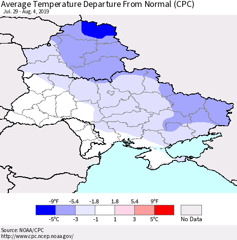 Ukraine, Moldova and Belarus Average Temperature Departure From Normal (CPC) Thematic Map For 7/29/2019 - 8/4/2019