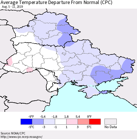 Ukraine, Moldova and Belarus Average Temperature Departure From Normal (CPC) Thematic Map For 8/5/2019 - 8/11/2019