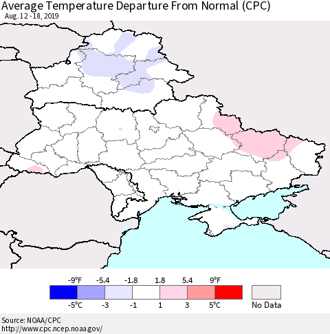 Ukraine, Moldova and Belarus Average Temperature Departure From Normal (CPC) Thematic Map For 8/12/2019 - 8/18/2019