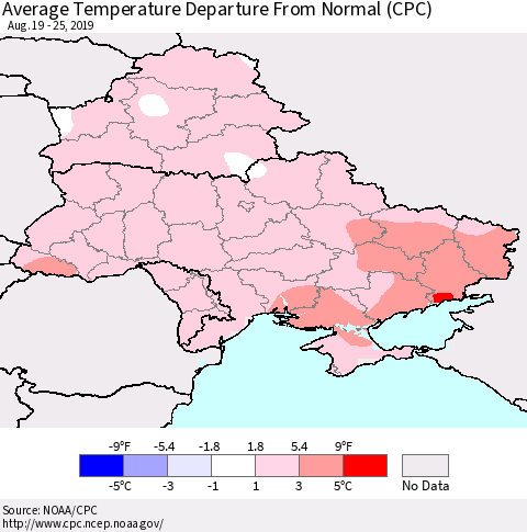Ukraine, Moldova and Belarus Average Temperature Departure From Normal (CPC) Thematic Map For 8/19/2019 - 8/25/2019