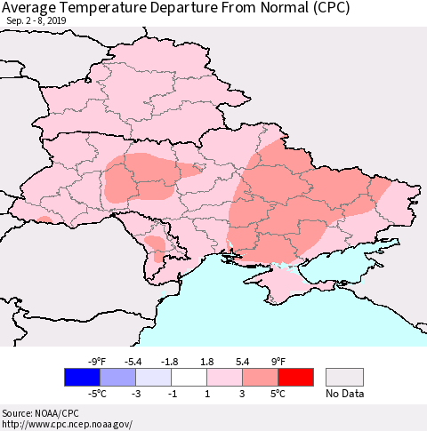 Ukraine, Moldova and Belarus Average Temperature Departure from Normal (CPC) Thematic Map For 9/2/2019 - 9/8/2019