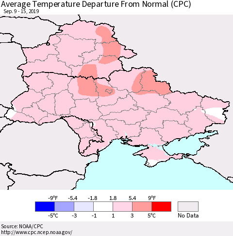 Ukraine, Moldova and Belarus Average Temperature Departure from Normal (CPC) Thematic Map For 9/9/2019 - 9/15/2019