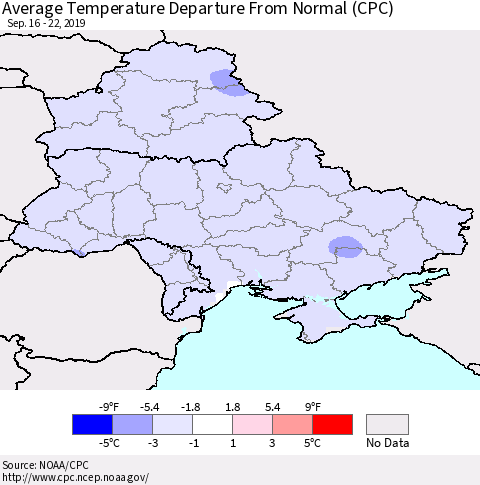 Ukraine, Moldova and Belarus Average Temperature Departure from Normal (CPC) Thematic Map For 9/16/2019 - 9/22/2019