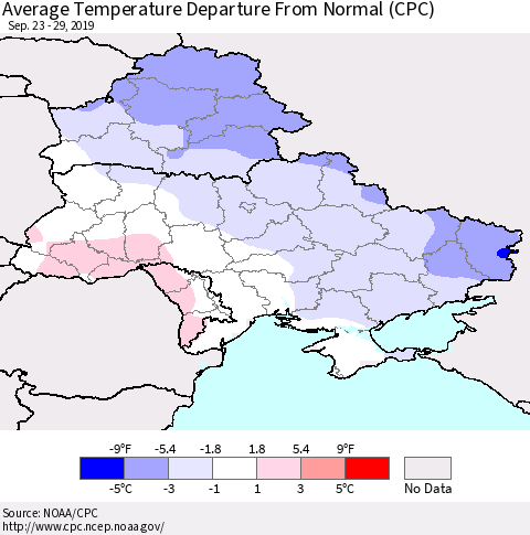 Ukraine, Moldova and Belarus Average Temperature Departure From Normal (CPC) Thematic Map For 9/23/2019 - 9/29/2019