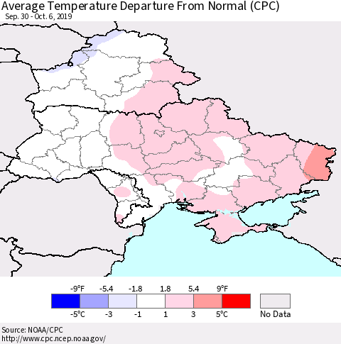 Ukraine, Moldova and Belarus Average Temperature Departure From Normal (CPC) Thematic Map For 9/30/2019 - 10/6/2019