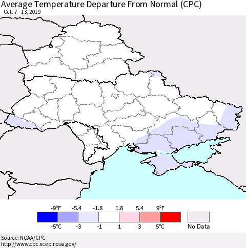 Ukraine, Moldova and Belarus Average Temperature Departure from Normal (CPC) Thematic Map For 10/7/2019 - 10/13/2019