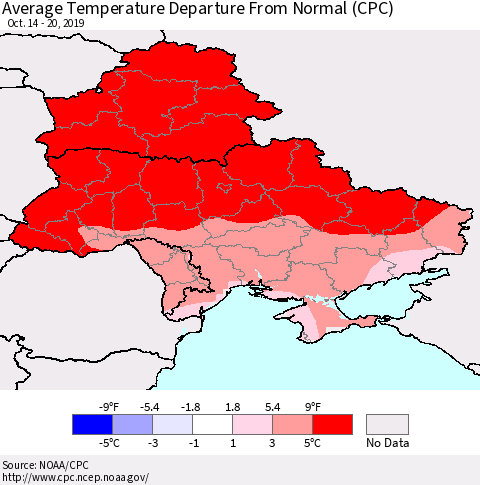 Ukraine, Moldova and Belarus Average Temperature Departure from Normal (CPC) Thematic Map For 10/14/2019 - 10/20/2019