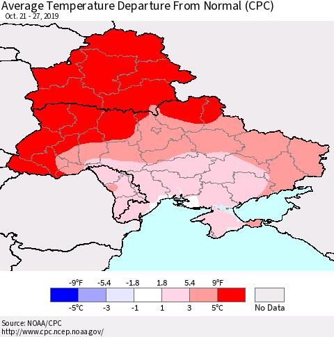 Ukraine, Moldova and Belarus Average Temperature Departure from Normal (CPC) Thematic Map For 10/21/2019 - 10/27/2019