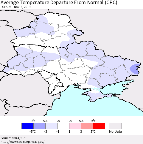 Ukraine, Moldova and Belarus Average Temperature Departure from Normal (CPC) Thematic Map For 10/28/2019 - 11/3/2019