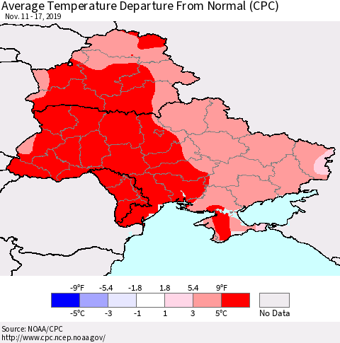 Ukraine, Moldova and Belarus Average Temperature Departure From Normal (CPC) Thematic Map For 11/11/2019 - 11/17/2019