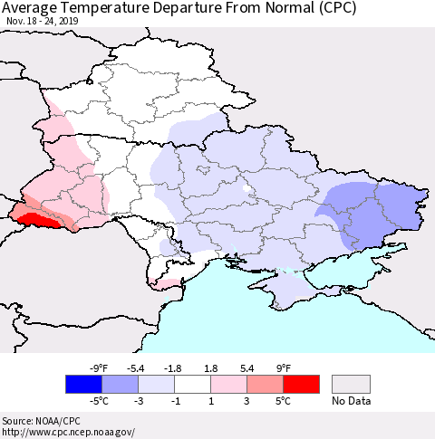 Ukraine, Moldova and Belarus Average Temperature Departure From Normal (CPC) Thematic Map For 11/18/2019 - 11/24/2019
