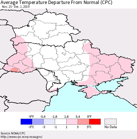 Ukraine, Moldova and Belarus Average Temperature Departure from Normal (CPC) Thematic Map For 11/25/2019 - 12/1/2019