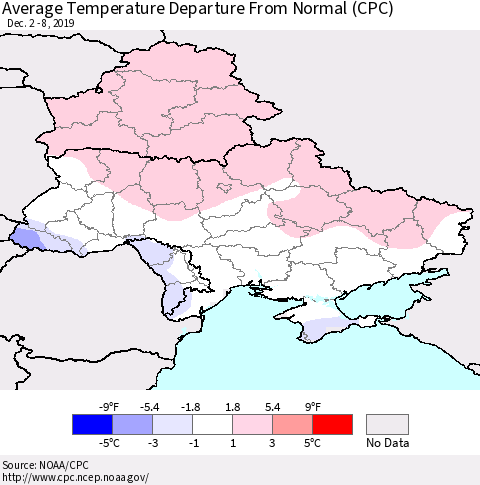 Ukraine, Moldova and Belarus Average Temperature Departure from Normal (CPC) Thematic Map For 12/2/2019 - 12/8/2019