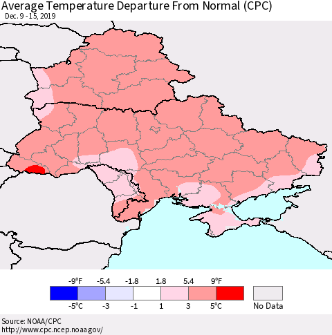 Ukraine, Moldova and Belarus Average Temperature Departure From Normal (CPC) Thematic Map For 12/9/2019 - 12/15/2019