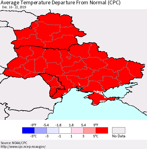 Ukraine, Moldova and Belarus Average Temperature Departure From Normal (CPC) Thematic Map For 12/16/2019 - 12/22/2019