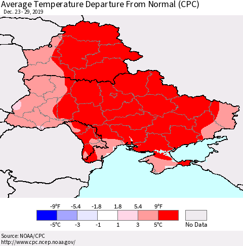 Ukraine, Moldova and Belarus Average Temperature Departure from Normal (CPC) Thematic Map For 12/23/2019 - 12/29/2019