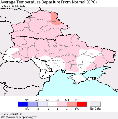Ukraine, Moldova and Belarus Average Temperature Departure from Normal (CPC) Thematic Map For 12/30/2019 - 1/5/2020