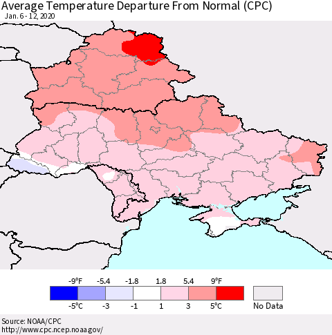 Ukraine, Moldova and Belarus Average Temperature Departure from Normal (CPC) Thematic Map For 1/6/2020 - 1/12/2020