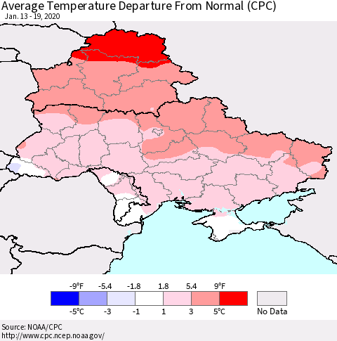 Ukraine, Moldova and Belarus Average Temperature Departure from Normal (CPC) Thematic Map For 1/13/2020 - 1/19/2020