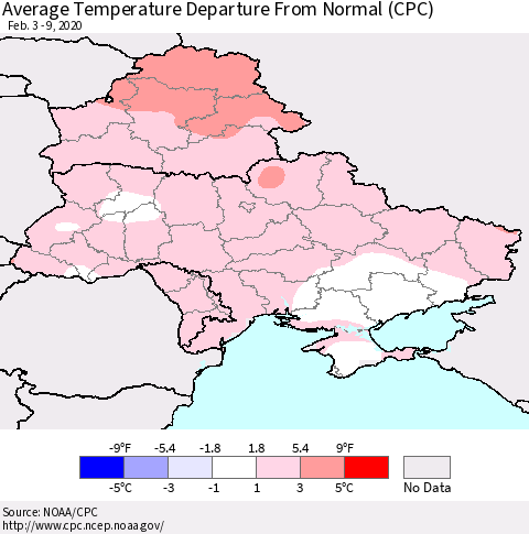 Ukraine, Moldova and Belarus Average Temperature Departure from Normal (CPC) Thematic Map For 2/3/2020 - 2/9/2020