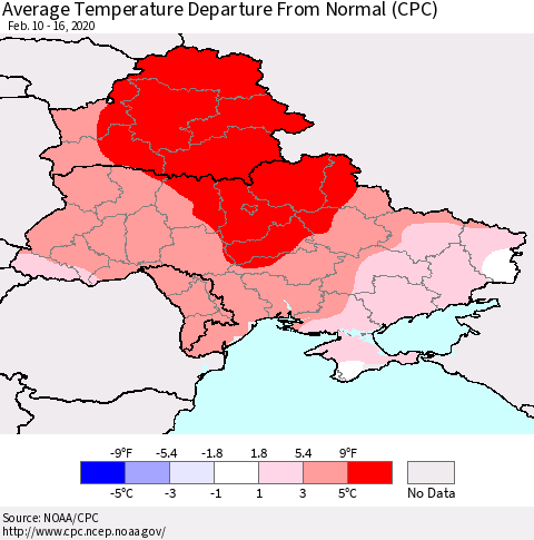 Ukraine, Moldova and Belarus Average Temperature Departure from Normal (CPC) Thematic Map For 2/10/2020 - 2/16/2020