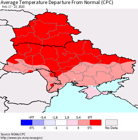 Ukraine, Moldova and Belarus Average Temperature Departure from Normal (CPC) Thematic Map For 2/17/2020 - 2/23/2020