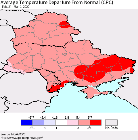 Ukraine, Moldova and Belarus Average Temperature Departure from Normal (CPC) Thematic Map For 2/24/2020 - 3/1/2020