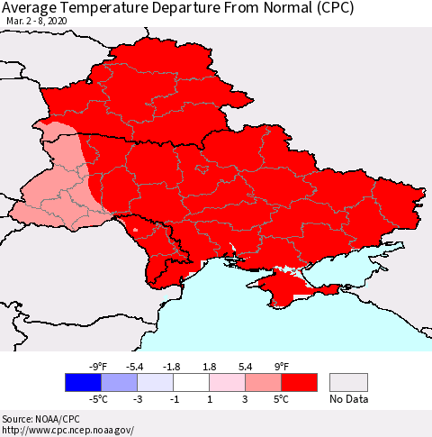 Ukraine, Moldova and Belarus Average Temperature Departure from Normal (CPC) Thematic Map For 3/2/2020 - 3/8/2020