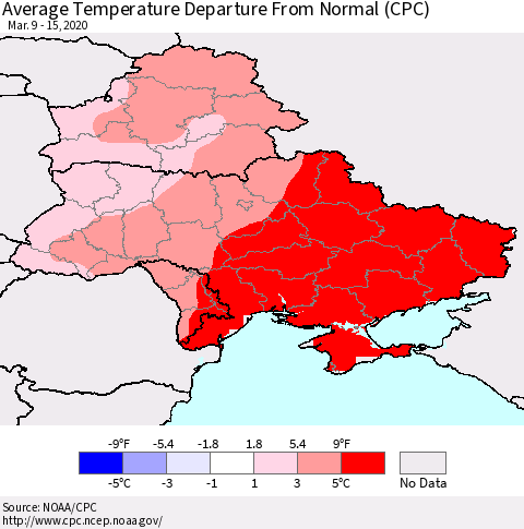 Ukraine, Moldova and Belarus Average Temperature Departure from Normal (CPC) Thematic Map For 3/9/2020 - 3/15/2020