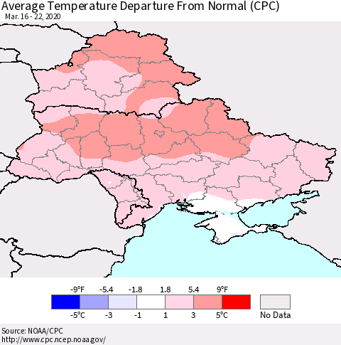 Ukraine, Moldova and Belarus Average Temperature Departure from Normal (CPC) Thematic Map For 3/16/2020 - 3/22/2020