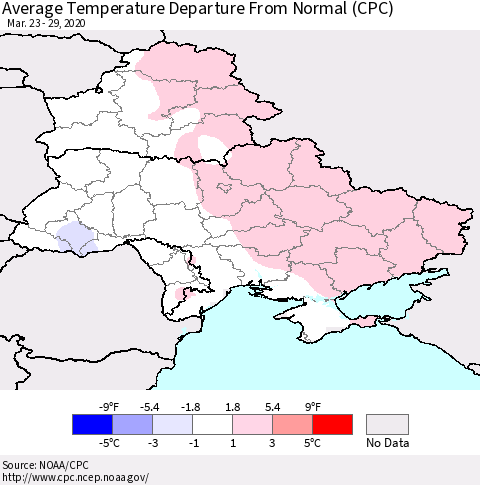 Ukraine, Moldova and Belarus Average Temperature Departure from Normal (CPC) Thematic Map For 3/23/2020 - 3/29/2020