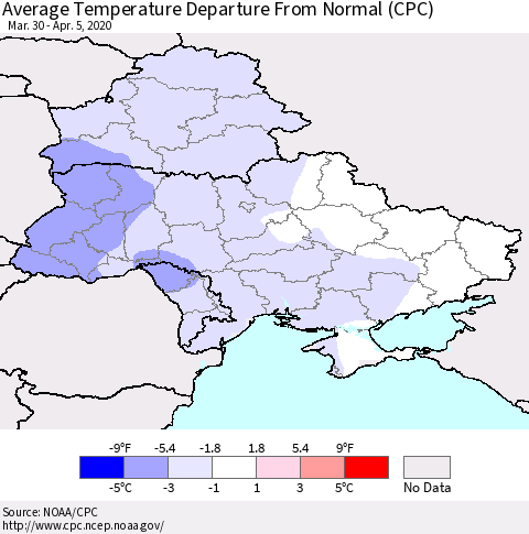 Ukraine, Moldova and Belarus Average Temperature Departure from Normal (CPC) Thematic Map For 3/30/2020 - 4/5/2020