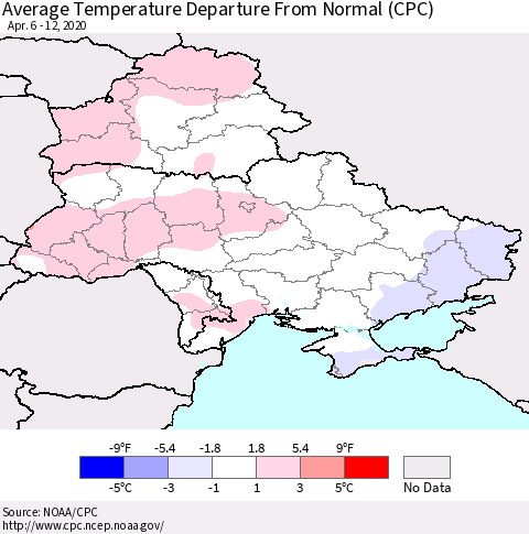Ukraine, Moldova and Belarus Average Temperature Departure from Normal (CPC) Thematic Map For 4/6/2020 - 4/12/2020