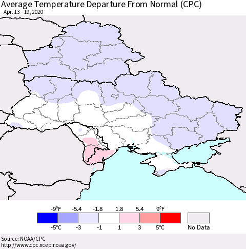 Ukraine, Moldova and Belarus Average Temperature Departure from Normal (CPC) Thematic Map For 4/13/2020 - 4/19/2020