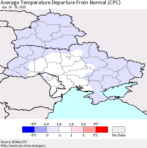 Ukraine, Moldova and Belarus Average Temperature Departure from Normal (CPC) Thematic Map For 4/20/2020 - 4/26/2020