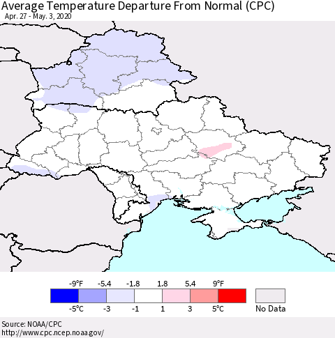 Ukraine, Moldova and Belarus Average Temperature Departure from Normal (CPC) Thematic Map For 4/27/2020 - 5/3/2020