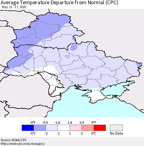 Ukraine, Moldova and Belarus Average Temperature Departure from Normal (CPC) Thematic Map For 5/11/2020 - 5/17/2020