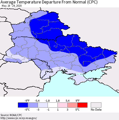 Ukraine, Moldova and Belarus Average Temperature Departure from Normal (CPC) Thematic Map For 5/18/2020 - 5/24/2020