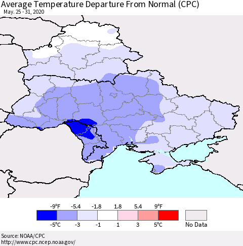 Ukraine, Moldova and Belarus Average Temperature Departure from Normal (CPC) Thematic Map For 5/25/2020 - 5/31/2020