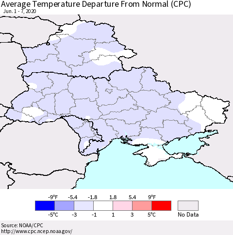 Ukraine, Moldova and Belarus Average Temperature Departure from Normal (CPC) Thematic Map For 6/1/2020 - 6/7/2020