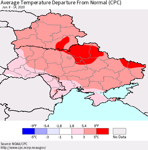 Ukraine, Moldova and Belarus Average Temperature Departure from Normal (CPC) Thematic Map For 6/8/2020 - 6/14/2020