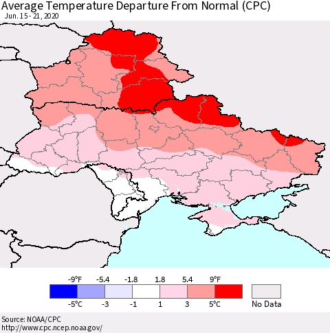 Ukraine, Moldova and Belarus Average Temperature Departure from Normal (CPC) Thematic Map For 6/15/2020 - 6/21/2020
