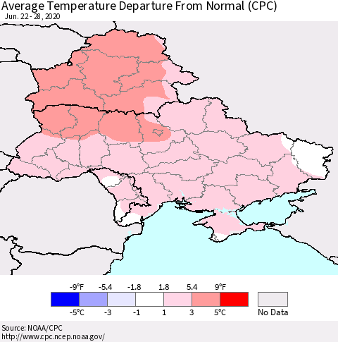 Ukraine, Moldova and Belarus Average Temperature Departure from Normal (CPC) Thematic Map For 6/22/2020 - 6/28/2020