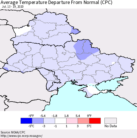 Ukraine, Moldova and Belarus Average Temperature Departure from Normal (CPC) Thematic Map For 7/13/2020 - 7/19/2020