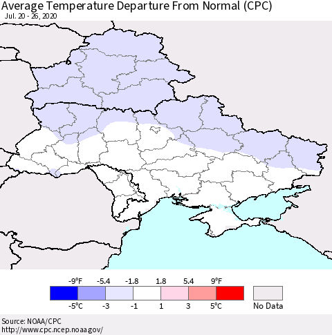 Ukraine, Moldova and Belarus Average Temperature Departure from Normal (CPC) Thematic Map For 7/20/2020 - 7/26/2020
