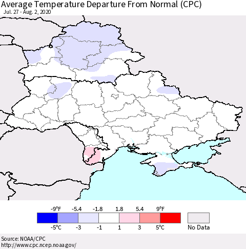 Ukraine, Moldova and Belarus Average Temperature Departure From Normal (CPC) Thematic Map For 7/27/2020 - 8/2/2020