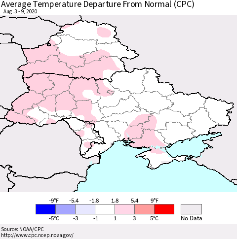 Ukraine, Moldova and Belarus Average Temperature Departure from Normal (CPC) Thematic Map For 8/3/2020 - 8/9/2020