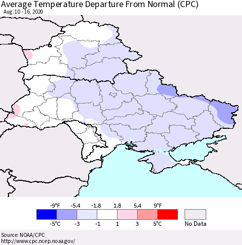 Ukraine, Moldova and Belarus Average Temperature Departure from Normal (CPC) Thematic Map For 8/10/2020 - 8/16/2020