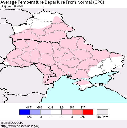 Ukraine, Moldova and Belarus Average Temperature Departure from Normal (CPC) Thematic Map For 8/24/2020 - 8/30/2020