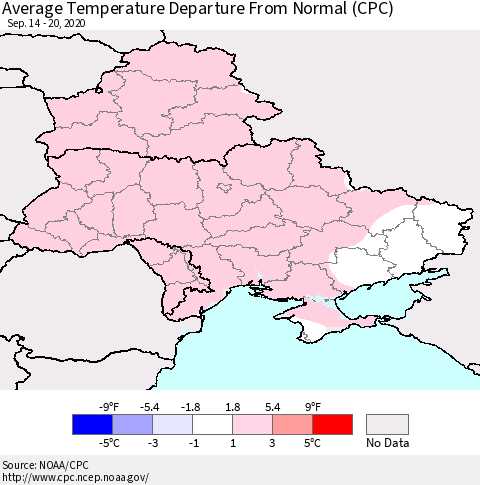 Ukraine, Moldova and Belarus Average Temperature Departure from Normal (CPC) Thematic Map For 9/14/2020 - 9/20/2020